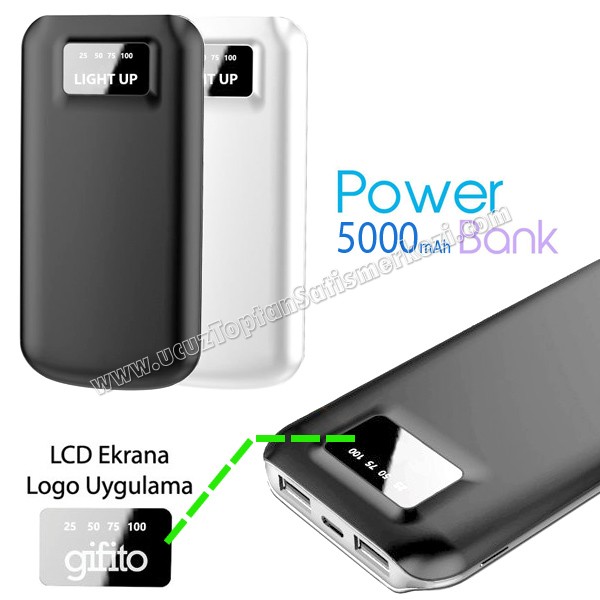 Toptan PowerBank 5000 mAh - Işıklı Baskı - Dijital Göstergeli APB3835