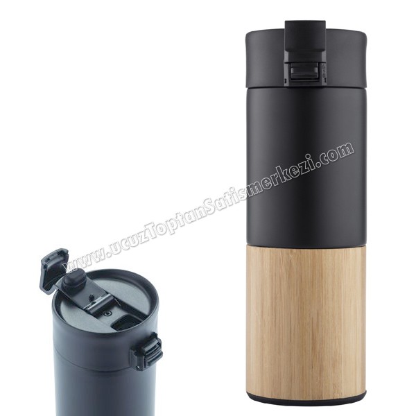 Toptan Termos Bardak - Kupa - Mug 450 mL - Kulpsuz - Metal & Bambu ATM21151